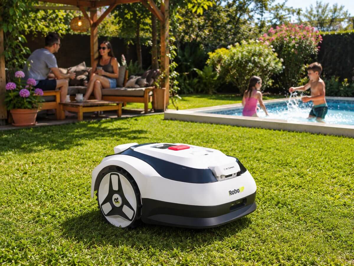 Kabelloser Mähroboter im Familiengarten